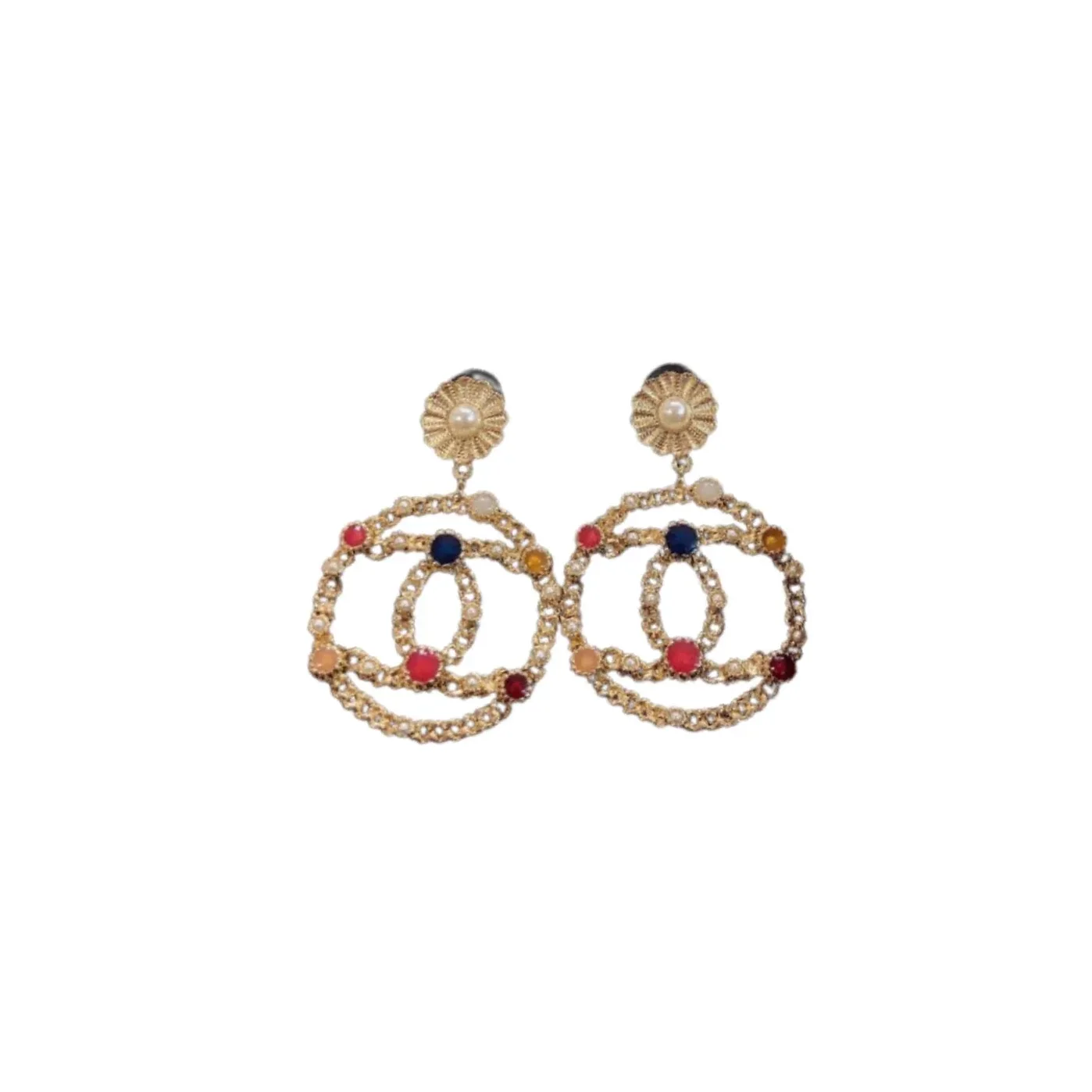 Chanel Douple C Small Chain Earrings Gold Tone