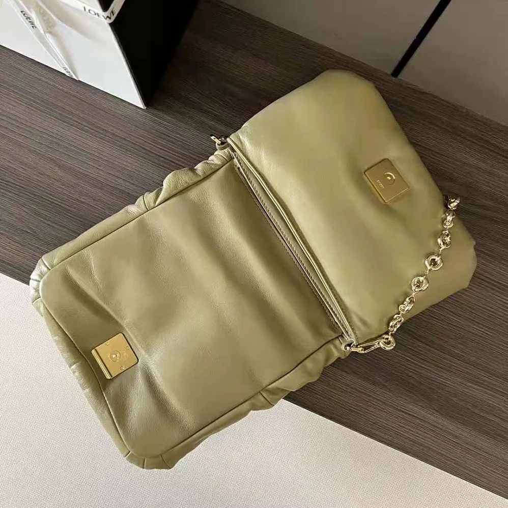 Loewe Puffer Goya Bag in Shiny Nappa Lambskin for Women in Clay Green Loewe Puffer Goya Bag in Shiny Nappa Lambskin for Women in Clay Green