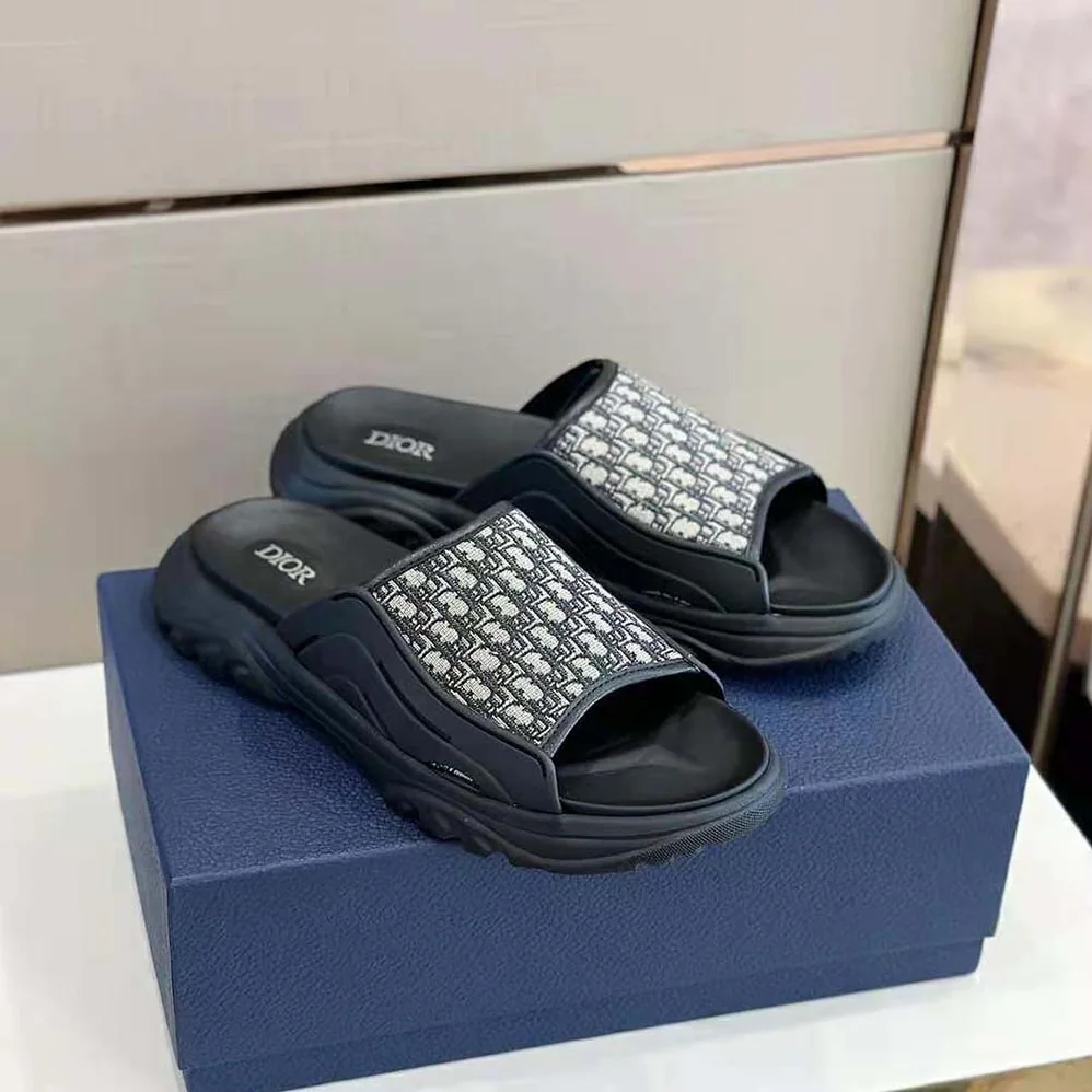 Dior H-town Sandal Black Rubber with Beige and Black Dior Oblique Jacquard for Men