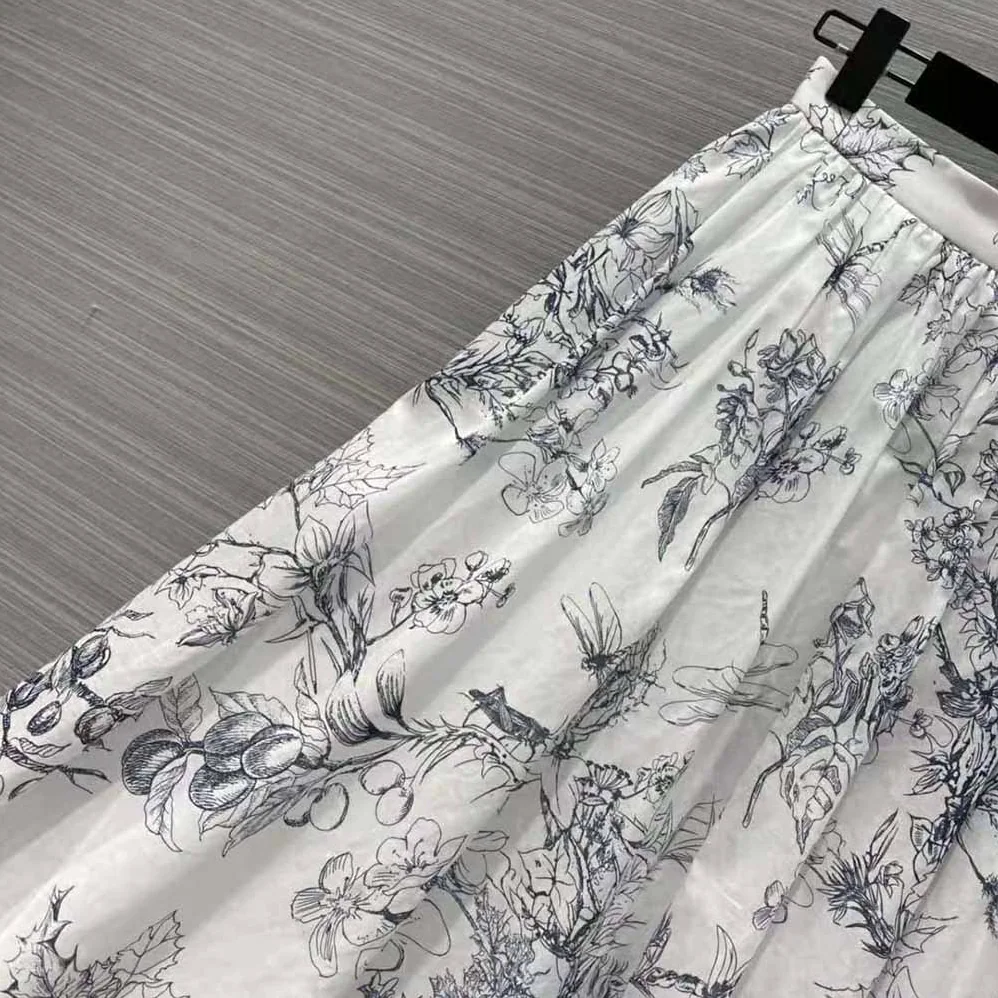 Dior Mid-Length Skirt Navy Blue Cotton Muslin with Toile de Jouy Flowers Motif for Women