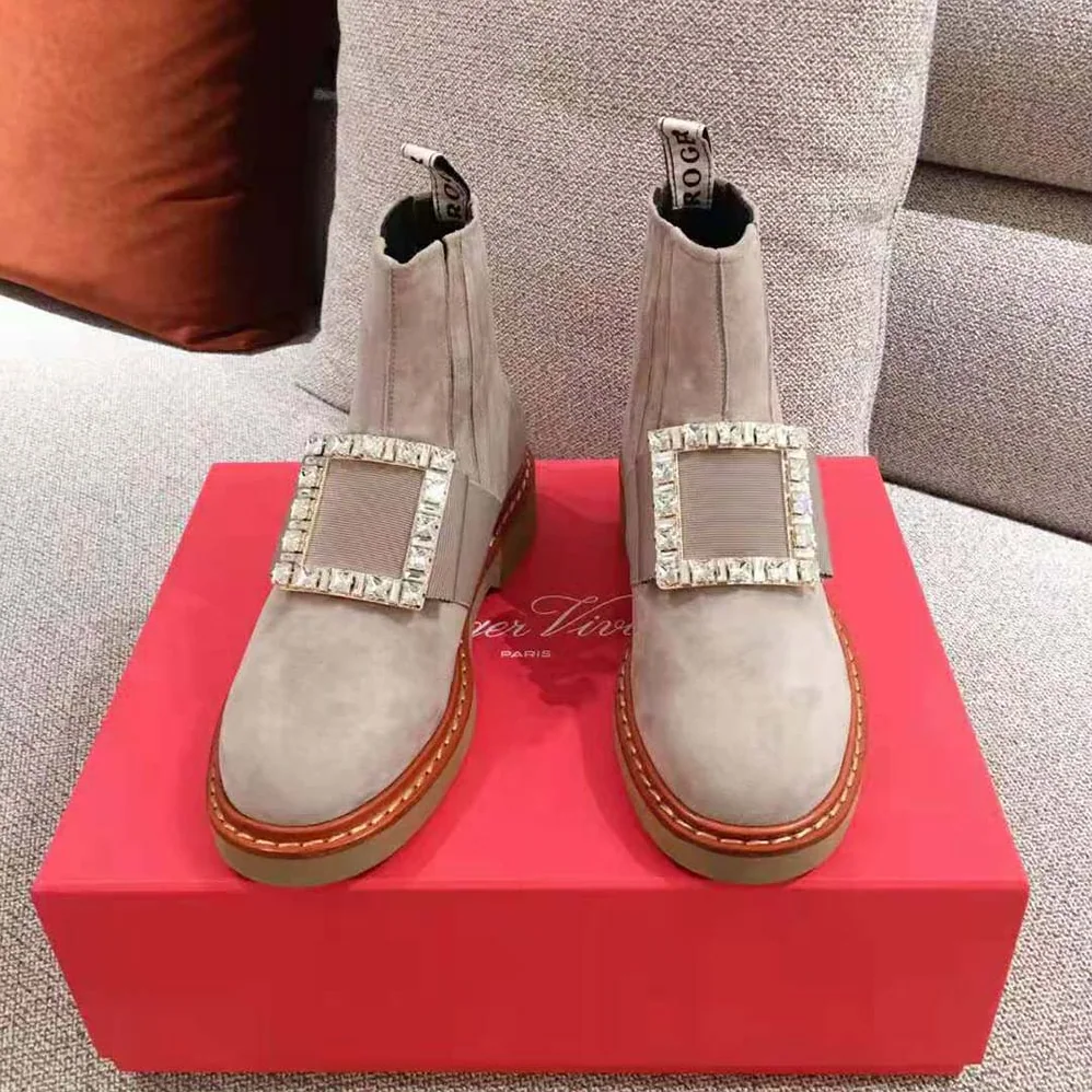 Roger Vivier Viv' Rangers Strass Buckle Chelsea Booties in Suede for Women Roger Vivier Viv' Rangers Strass Buckle Chelsea Booties in Suede for Women