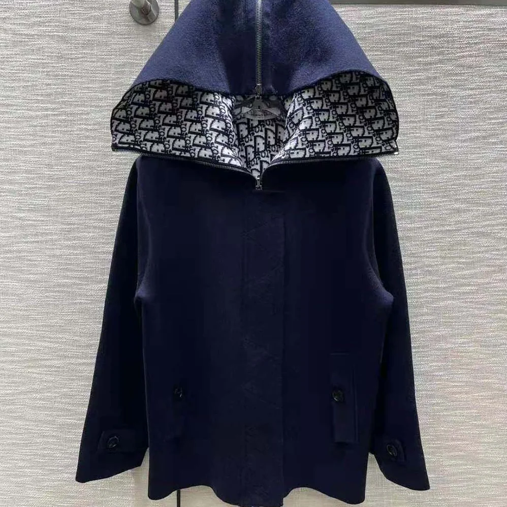 Dior Zipped-Hood Peacoat Navy Blue Double-Sided Wool and Silk with Dior Oblique Interior for Women Dior Zipped-Hood Peacoat Navy Blue Double-Sided Wool and Silk with Dior Oblique Interior for Women