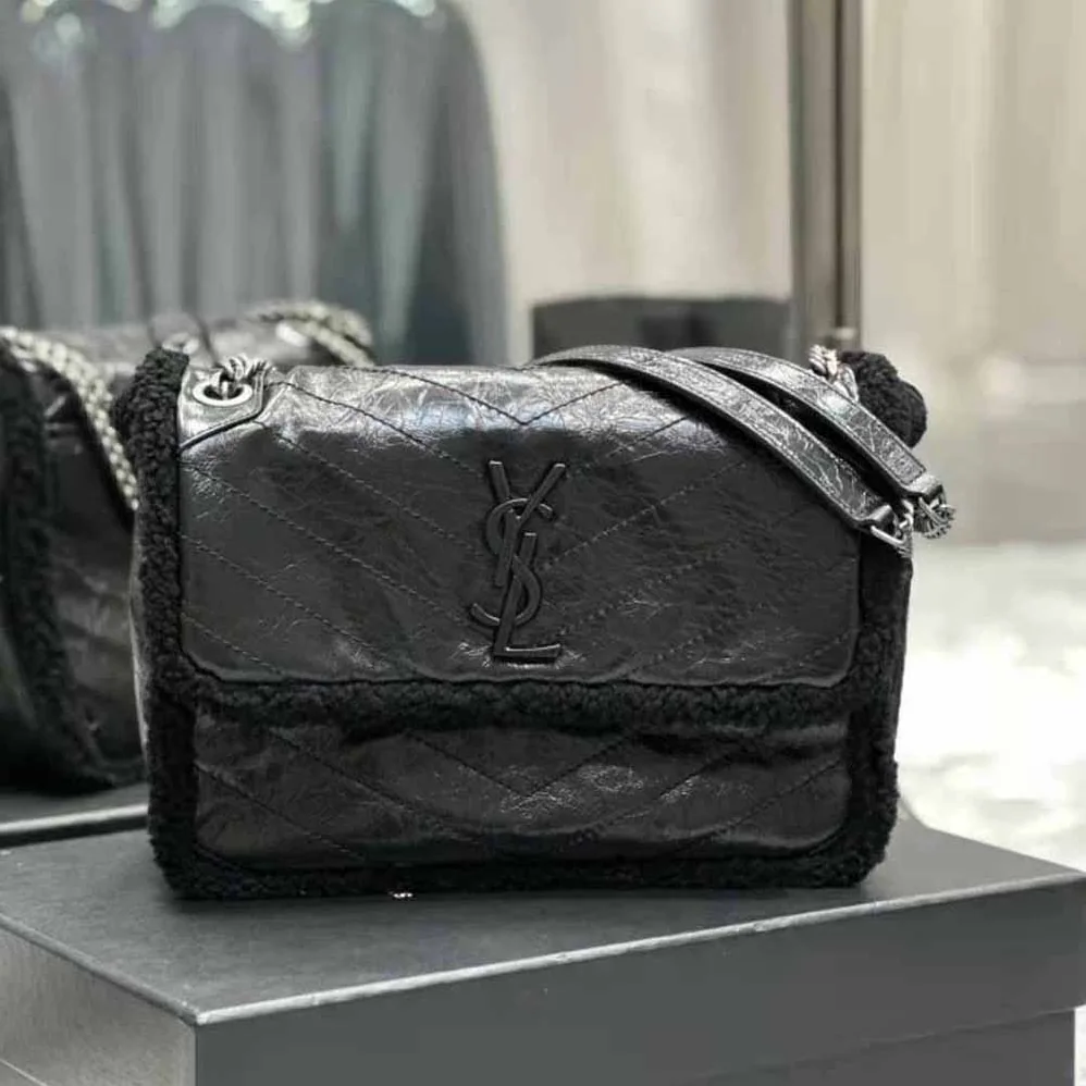 Saint Laurent YSL Niki Medium Chain Bag in Crinkled Leather and Shearling for Women Saint Laurent YSL Niki Medium Chain Bag in Crinkled Leather and Shearling for Women