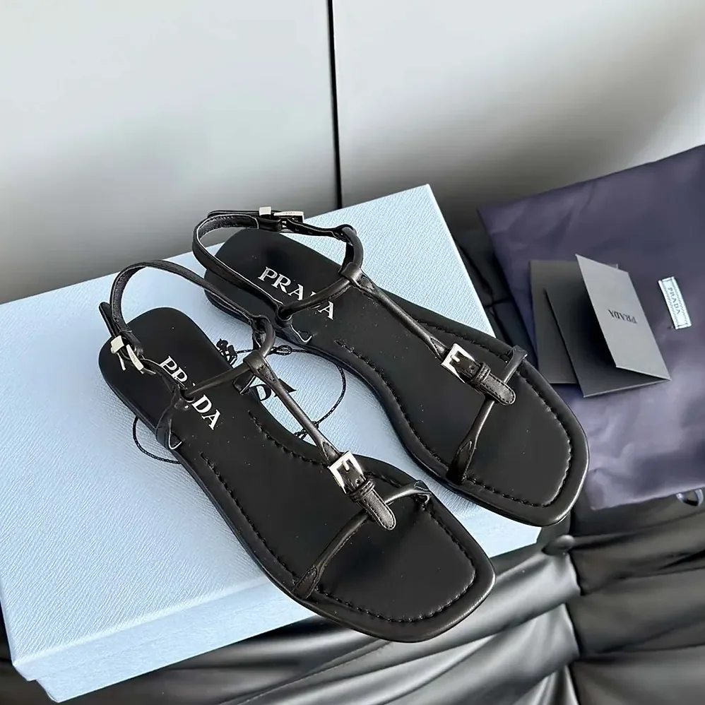 Prada Flat Leather Sandals for Women in Black Prada Flat Leather Sandals for Women in Black