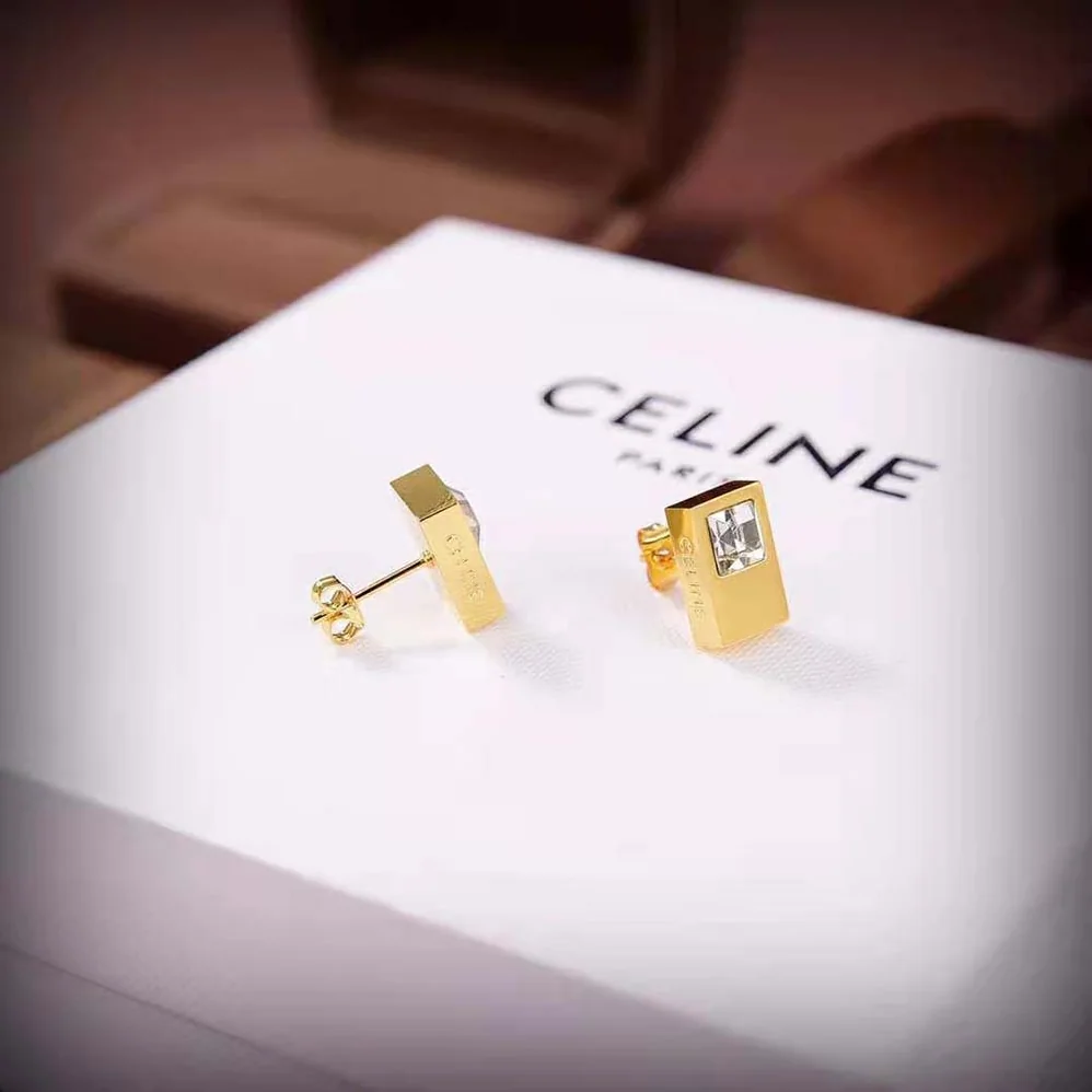 Celine Sentimental Double Square Stud in Yellow Gold and Diamond for Women