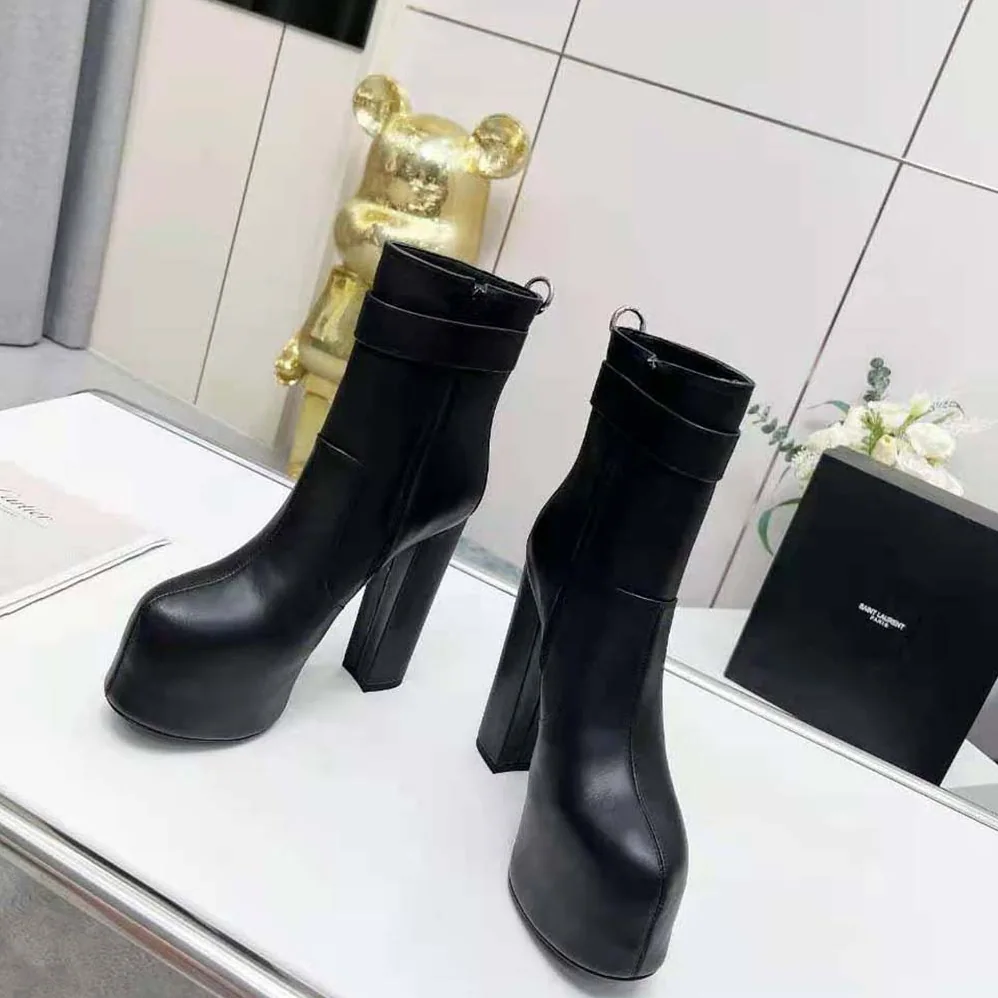 Saint Laurent YSL Cherry Buckle Platform Booties in Smooth Leather for Women