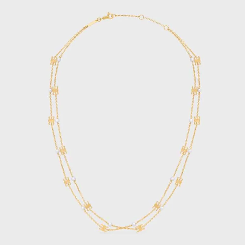Celine Triomphe Pearl Double Necklace in Brass with Gold Finish and Resin Pearls for Women