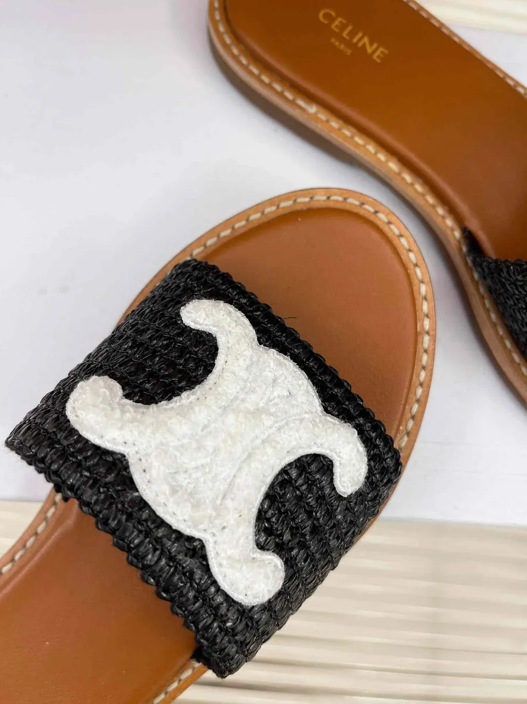 Celine Lympia Flat In Raffia Black