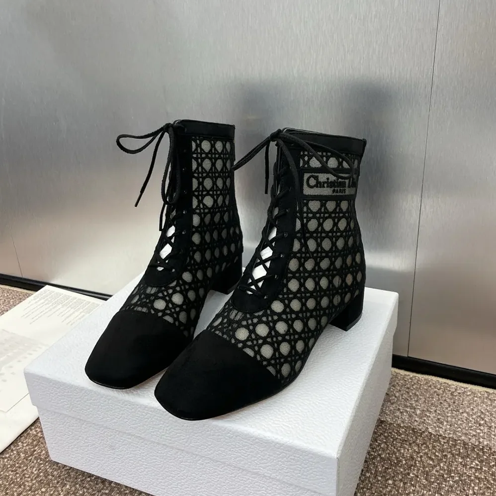 Dior Naughtily-D Heeled Ankle Boot Transparent Mesh Embroidered with Black Cannage Motif for Women Dior Naughtily-D Heeled Ankle Boot Transparent Mesh Embroidered with Black Cannage Motif for Women
