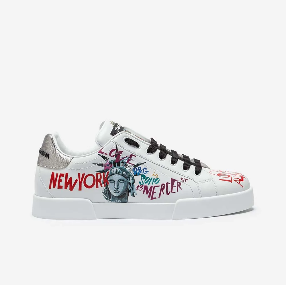 Dolce Gabbana D&G Shoes Portofino Sneakers in Printed Nappa Calfskin for Men in White