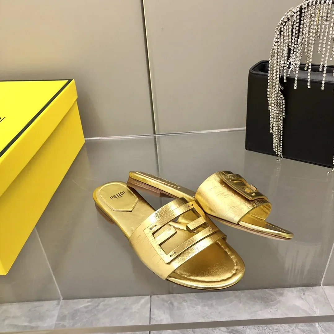 Fendi Baguette Gold Nappa Slides 8R8136AI16F0XV6 Fendi Baguette Gold Nappa Slides 8R8136AI16F0XV6