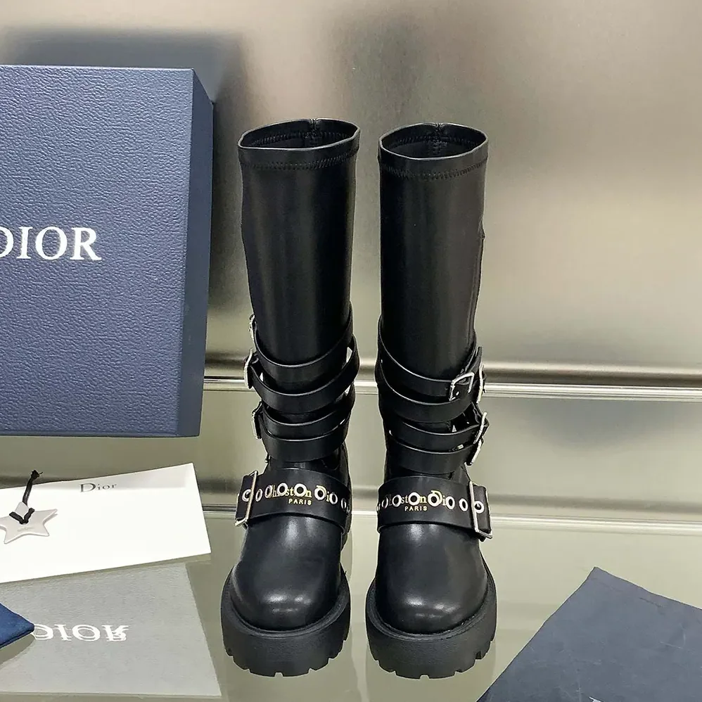 Dior D-Fight Ankle Boot Black Calfskin and Leather for Women in Effect Stretch Material Dior D-Fight Ankle Boot Black Calfskin and Leather for Women in Effect Stretch Material