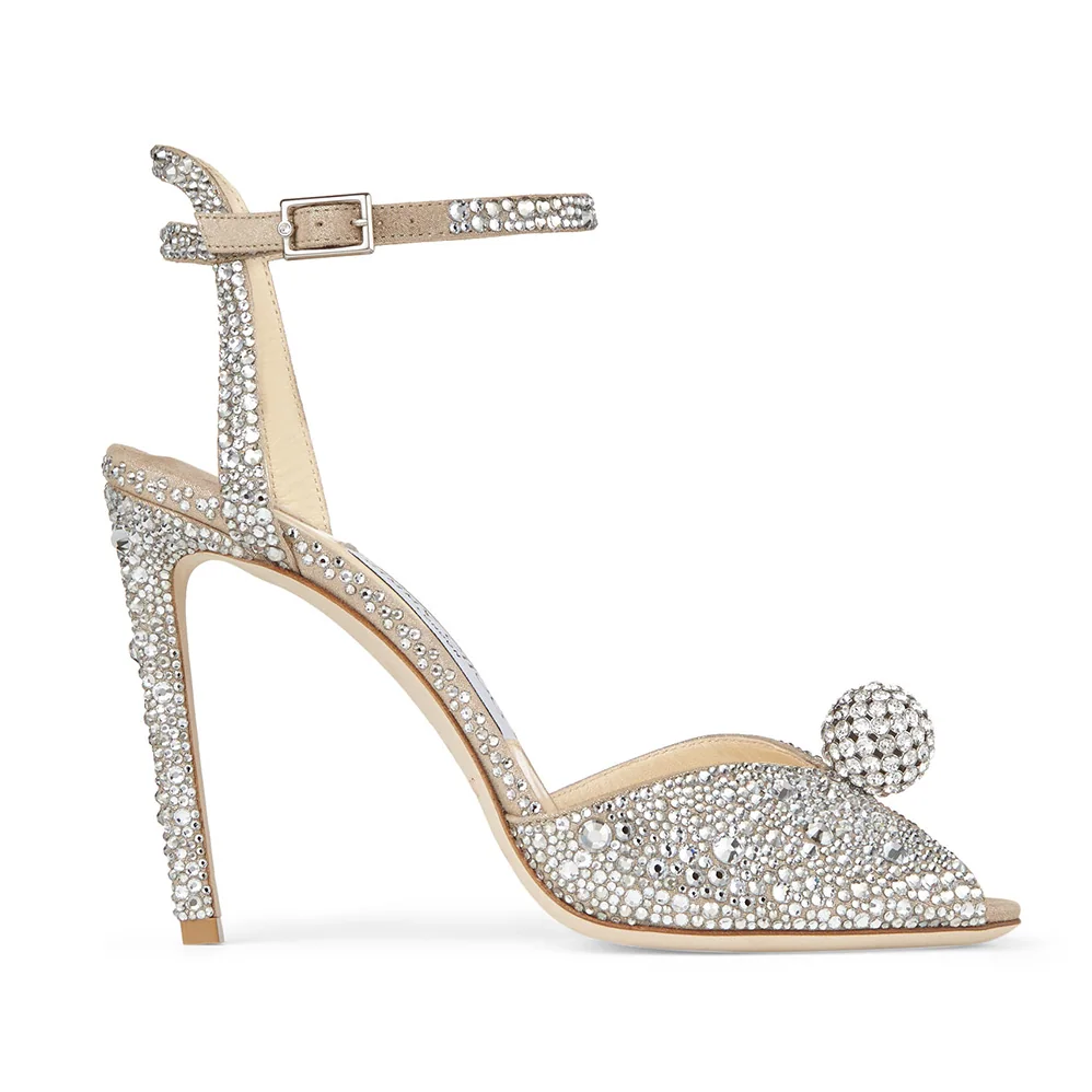 Jimmy Choo Sacora 100 Nude Suede Sandals with Hotfix Crystals and Sphere Detail for Women Jimmy Choo Sacora 100 Nude Suede Sandals with Hotfix Crystals and Sphere Detail for Women