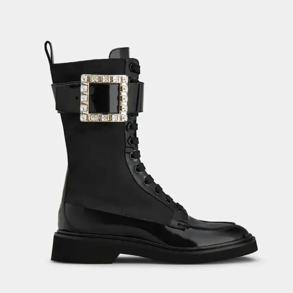 Roger Vivier Viv' Rangers Strass Buckle Boots in Fabrics for Women in Black Roger Vivier Viv' Rangers Strass Buckle Boots in Fabrics for Women in Black