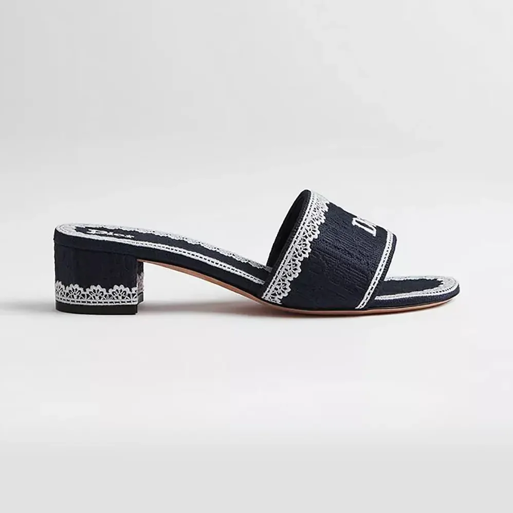 Dior Dentelle Heeled Slide Navy Blue Dior Oblique Embroidered Cotton and White Lace for Women Dior Dentelle Heeled Slide Navy Blue Dior Oblique Embroidered Cotton and White Lace for Women