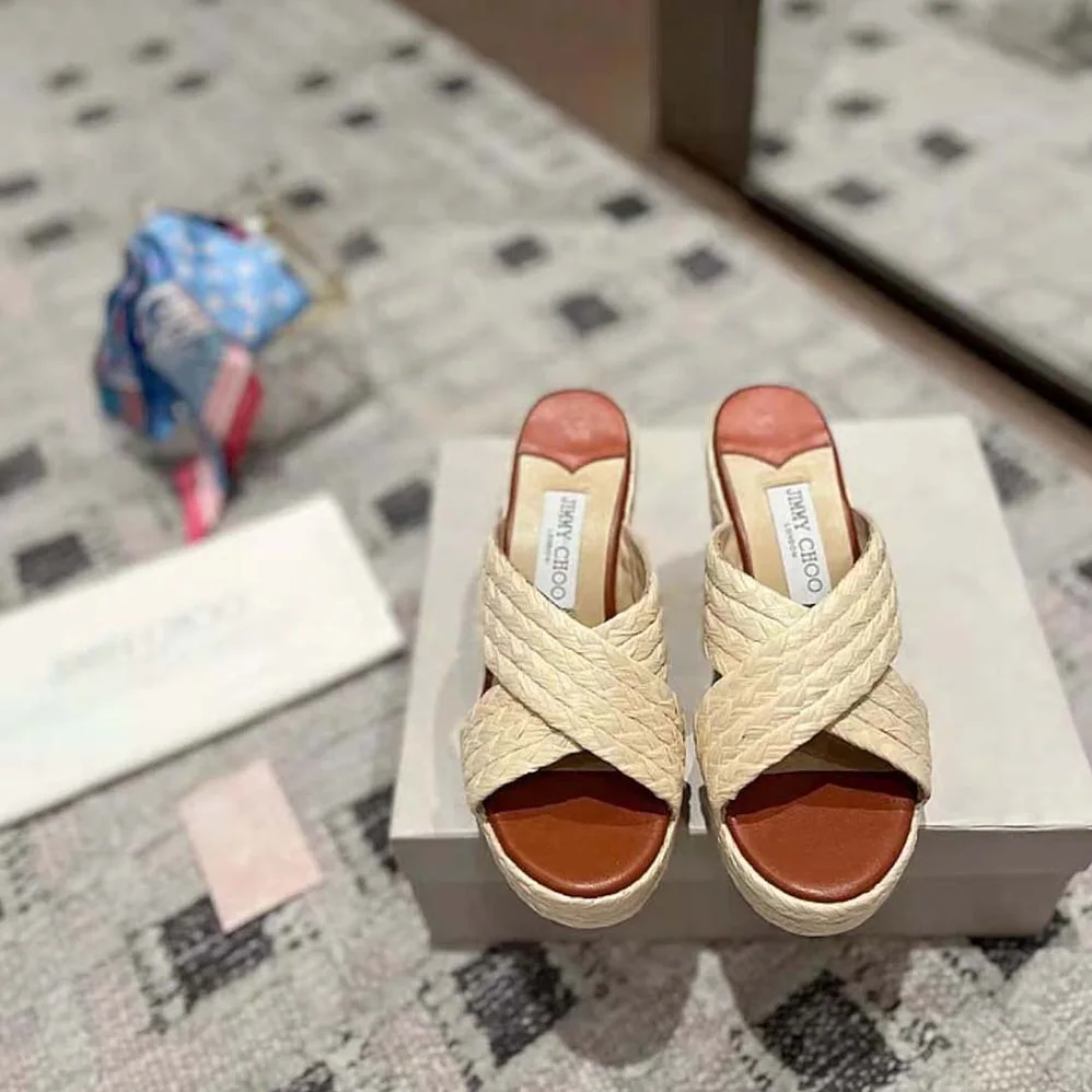 Jimmy Choo Dovina 100 Natural Raffia Wedge Mules with JC Monogram for Women