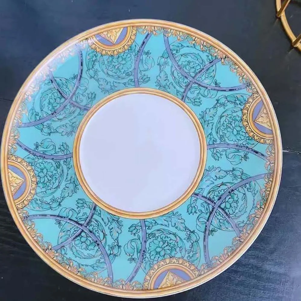 Versace Scala Del Palazzo Coffee Set Includes a Coffee Cup with Handle and a Matching Saucer in Blue