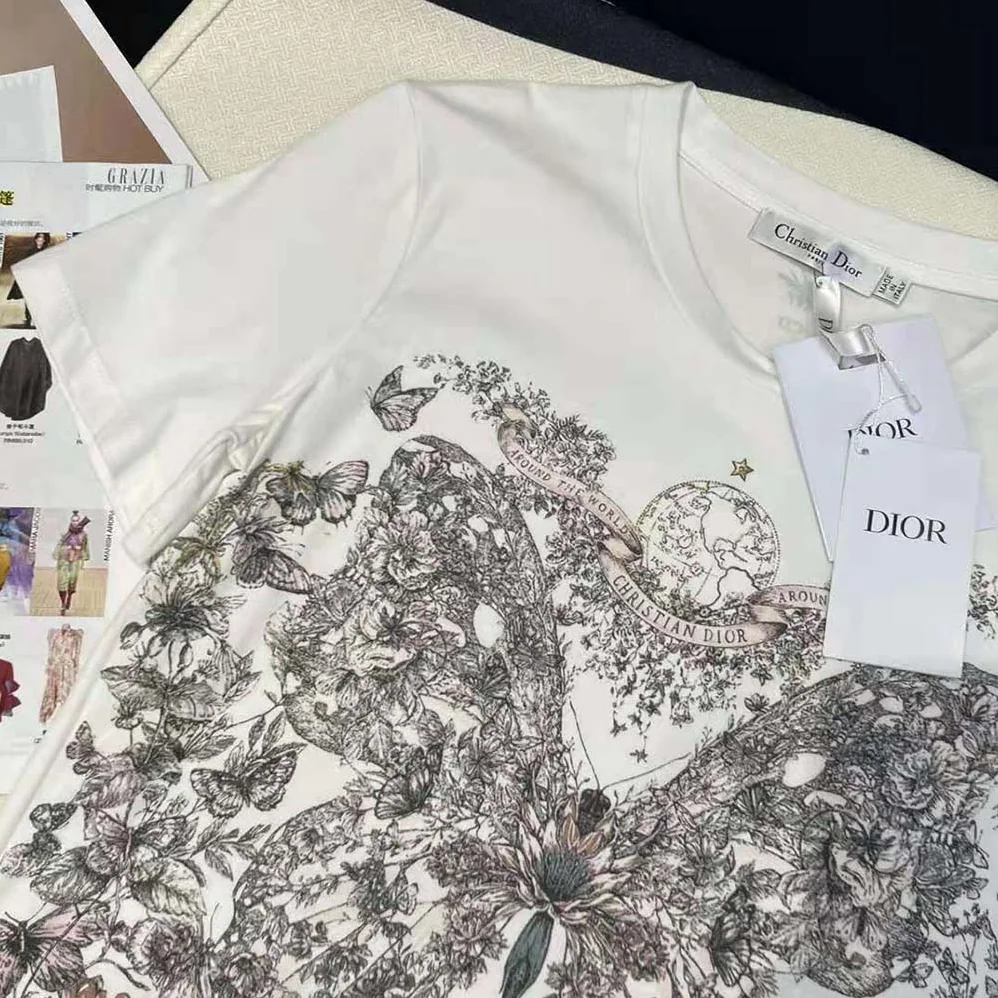 Dior T-Shirt White Cotton and Linen Jersey with Pastel Pink Butterfly Around The World Motif for Women