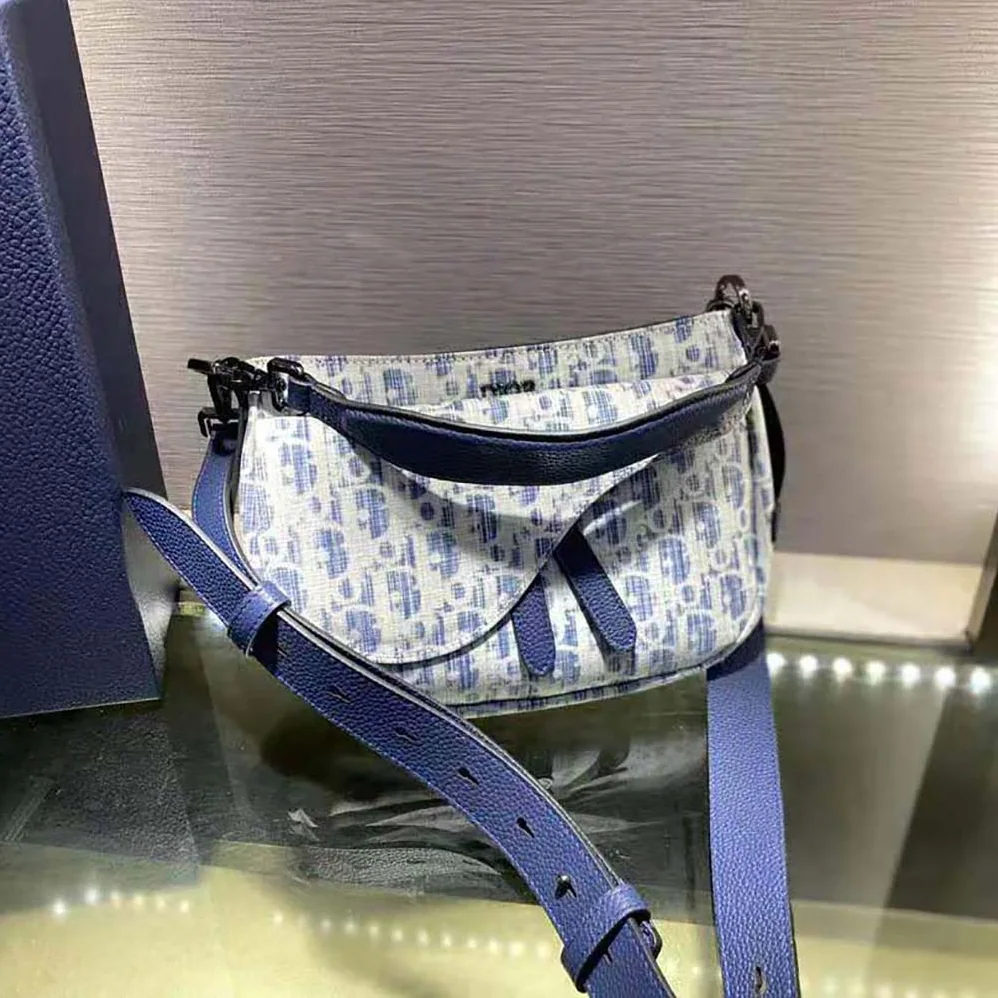 Dior Mini Saddle Soft Bag Blue Dior Oblique Kasuri jacquard for Men