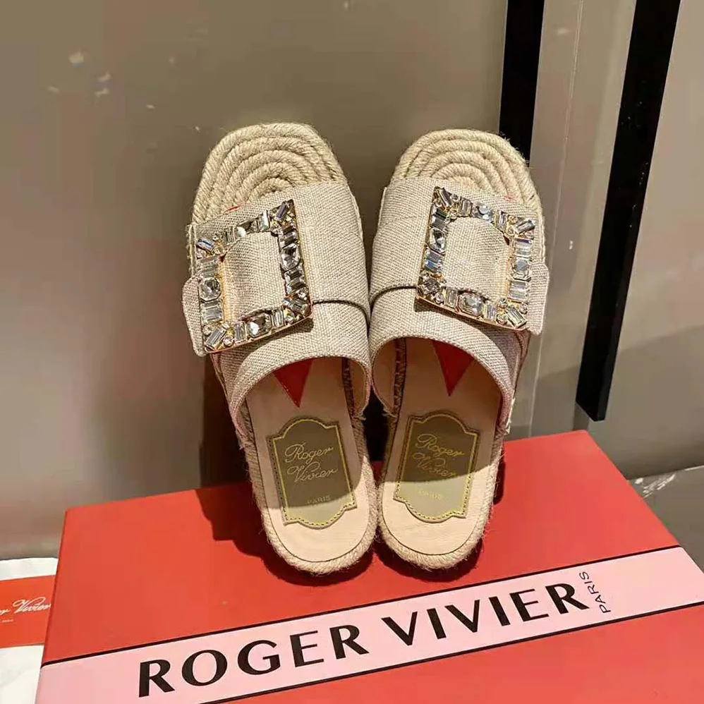 Roger Vivier Strass Buckle Espadrille Mules in Fabrics