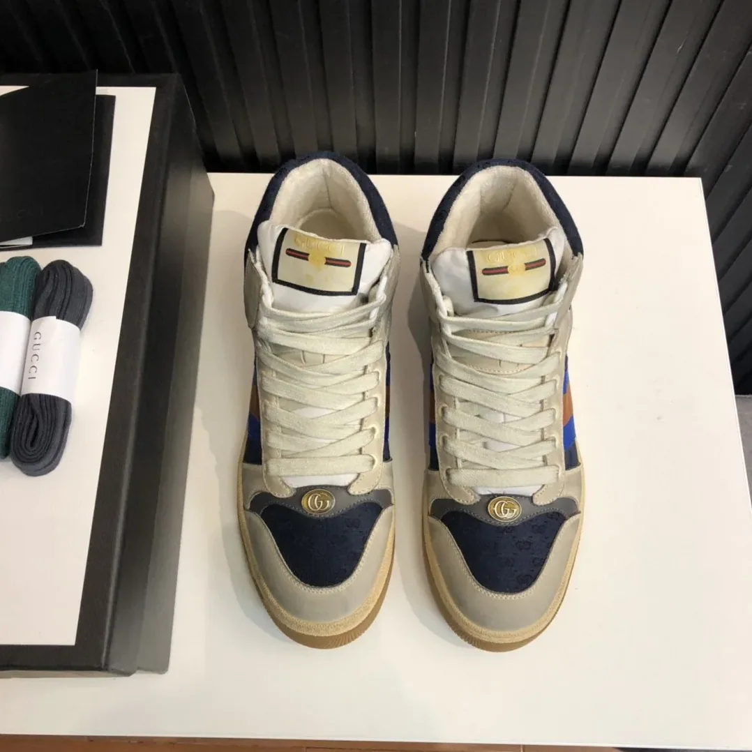 Gucci GG Screener Distressed High Top Off for Men in White Blue Gucci GG Screener Distressed High Top Off for Men in White Blue