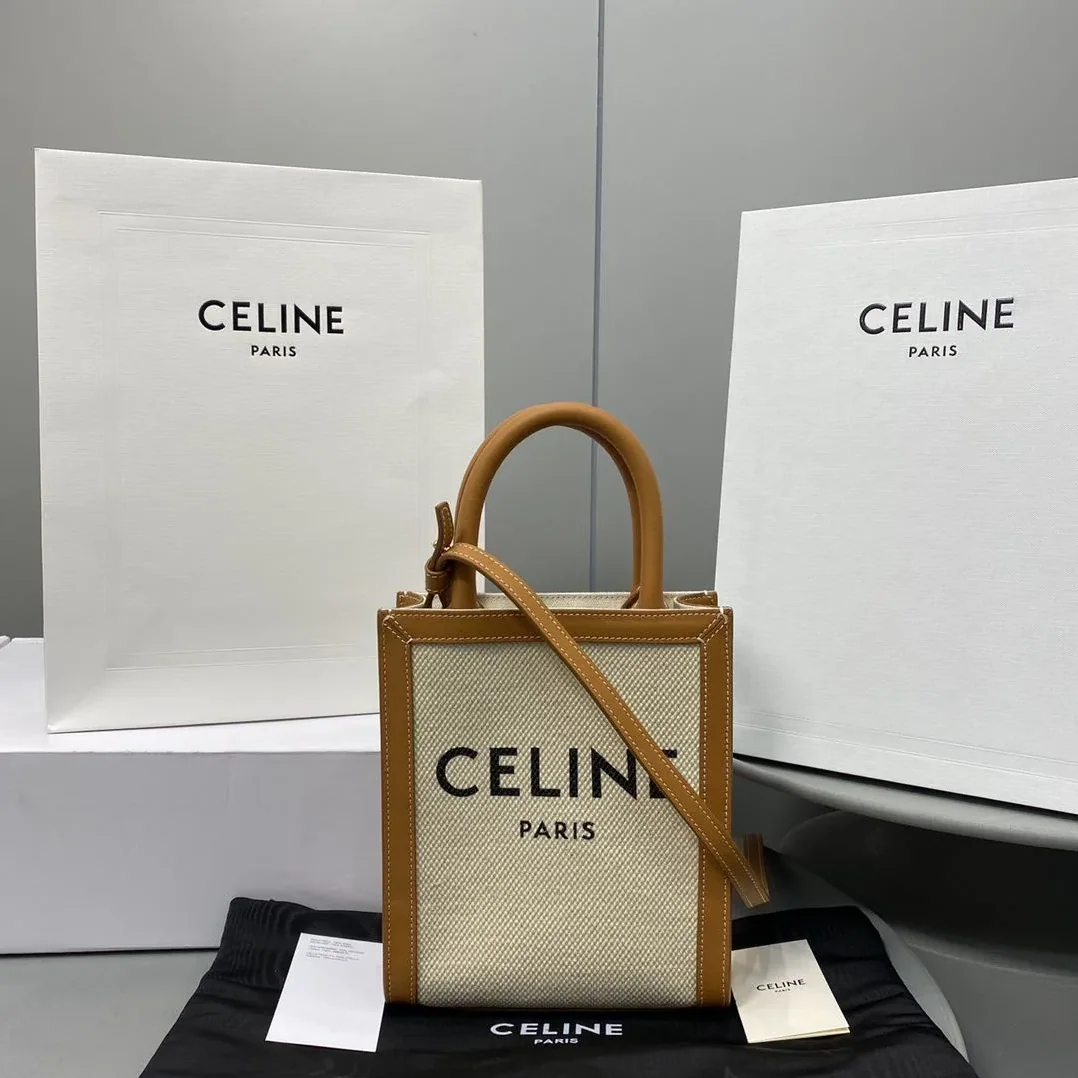 Celine Mini Vertical Cabas Celine In Textile With Celine Print White/Brown / .02NT Celine Mini Vertical Cabas Celine In Textile With Celine Print White/Brown / .02NT