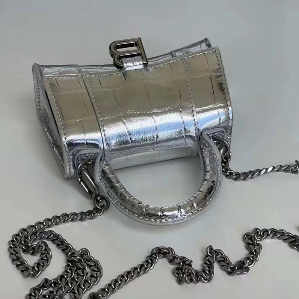 Balenciaga Hourglass Mini Top Handle Bag in Silver Crocodile Embossed Calfskin for Women