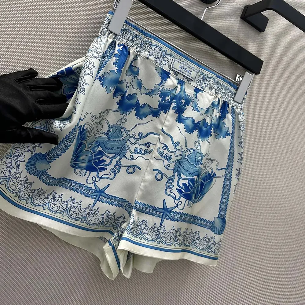 Versace Underwater Barocco Cotton Shorts for Women in Blue Versace Underwater Barocco Cotton Shorts for Women in Blue