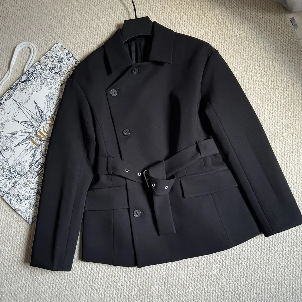 Dior Belted Jacket Black Virgin Wool and Silk Gabardine for Women
