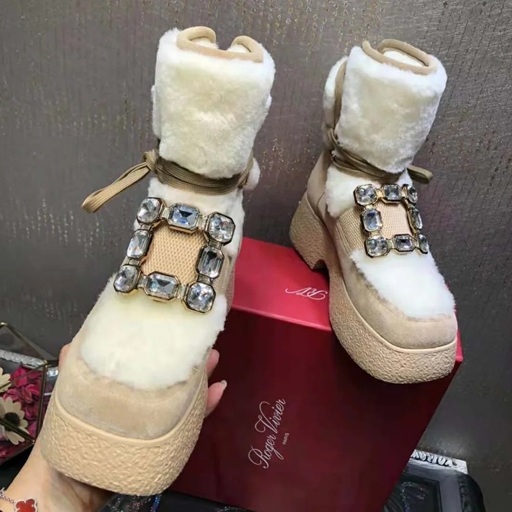 Roger Vivier Viv' Rangers Strass Buckle Flatform Booties in Suede for Women in Beige Roger Vivier Viv' Rangers Strass Buckle Flatform Booties in Suede for Women in Beige