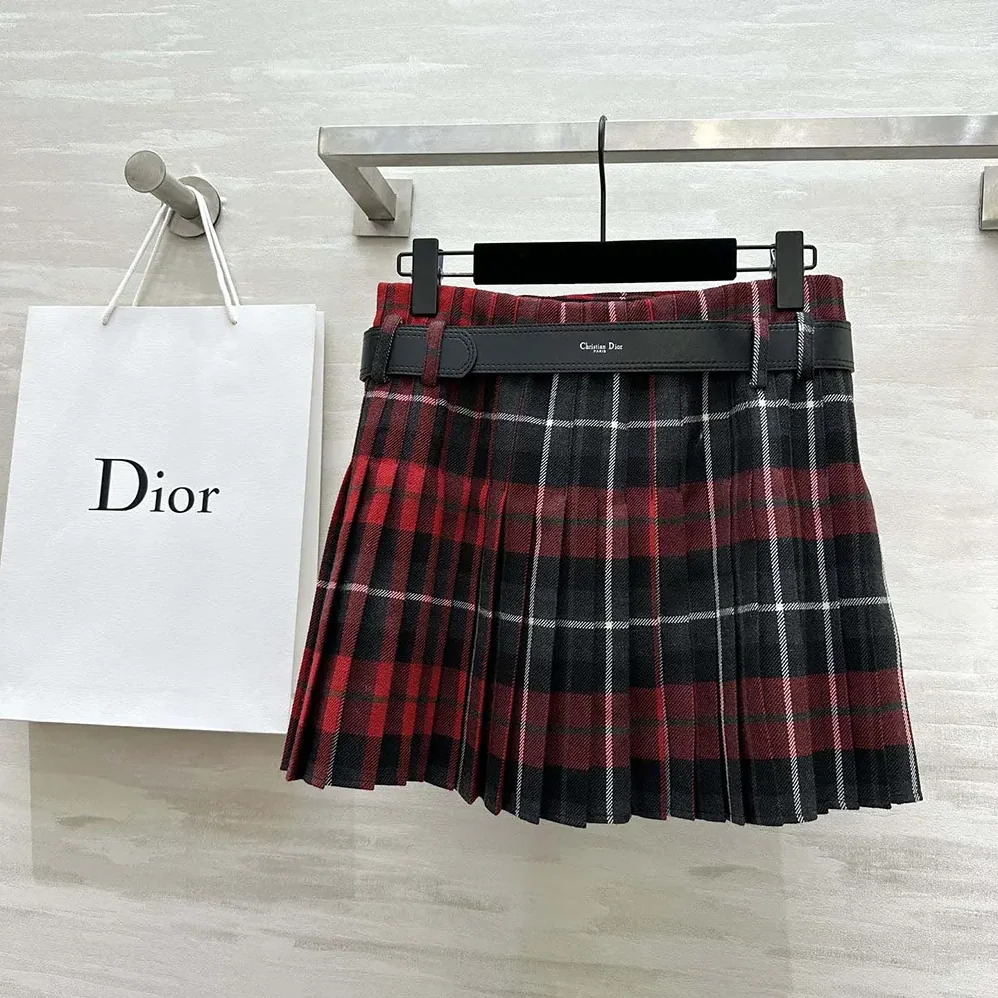 Dior Belted Short Kilt Red Gray and Black Check'n'Dior Virgin Wool for Women