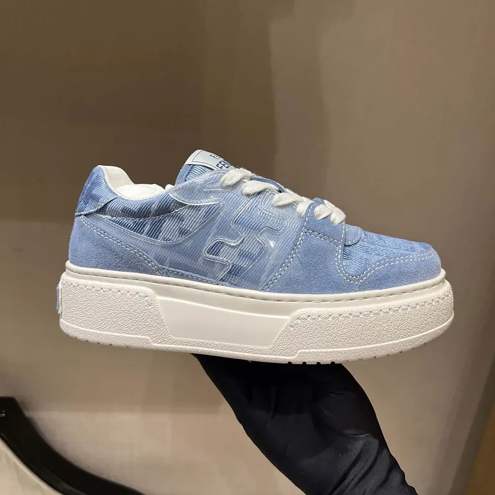 Fendi Match Denim-effect FF Jacquard and Light Blue Suede Platform Low Tops for Women