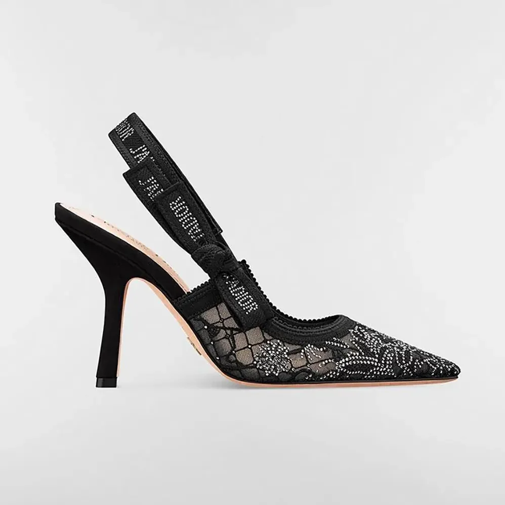 Dior J'Adior Slingback Pump Transparent Mesh Embroidered with Black Millefiori Motif for Women