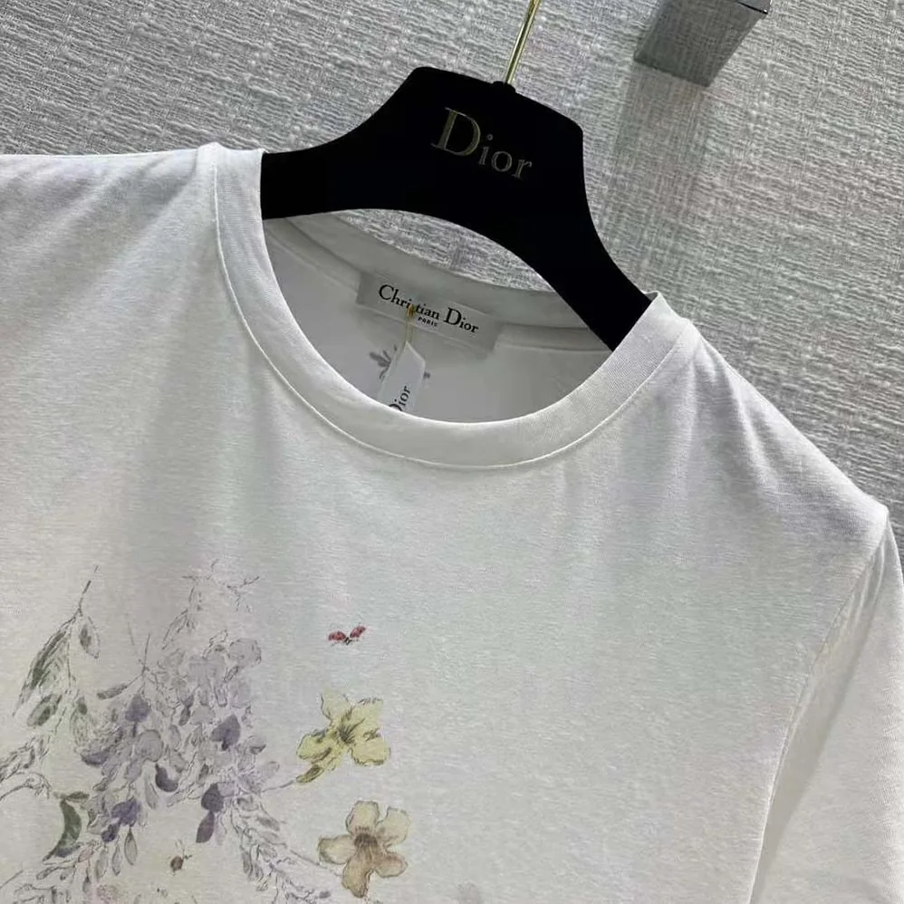 Dior T-shirt White Cotton and Linen Jersey with Red Multicolor Florilegio Motif for Women