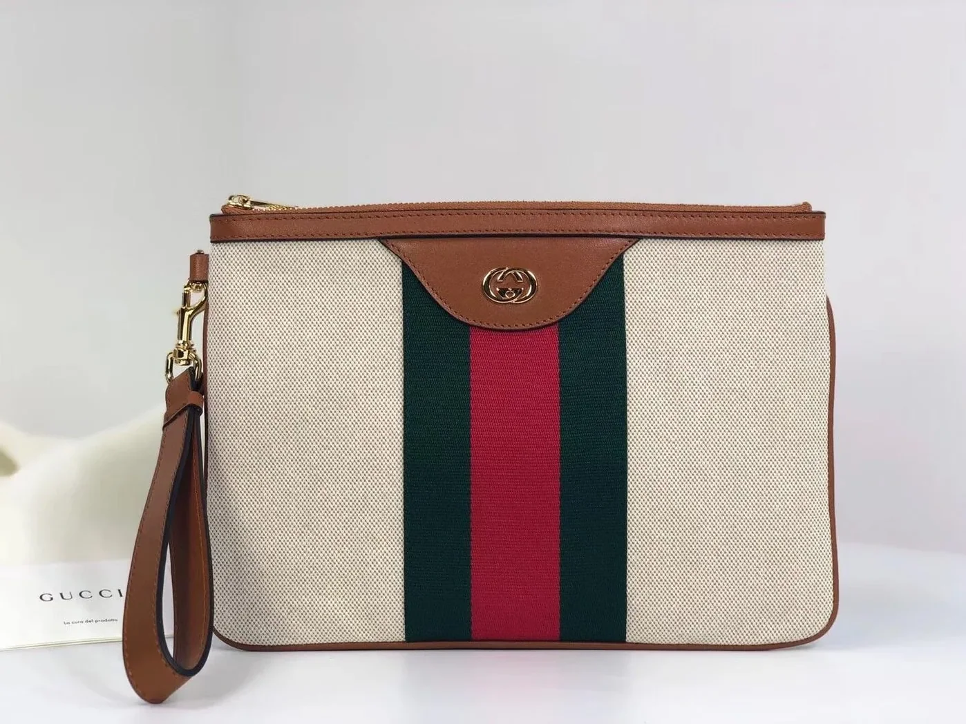 Gucci Vintage Canvas Pouch Beige Green Red Stripe , Pouch / for Men