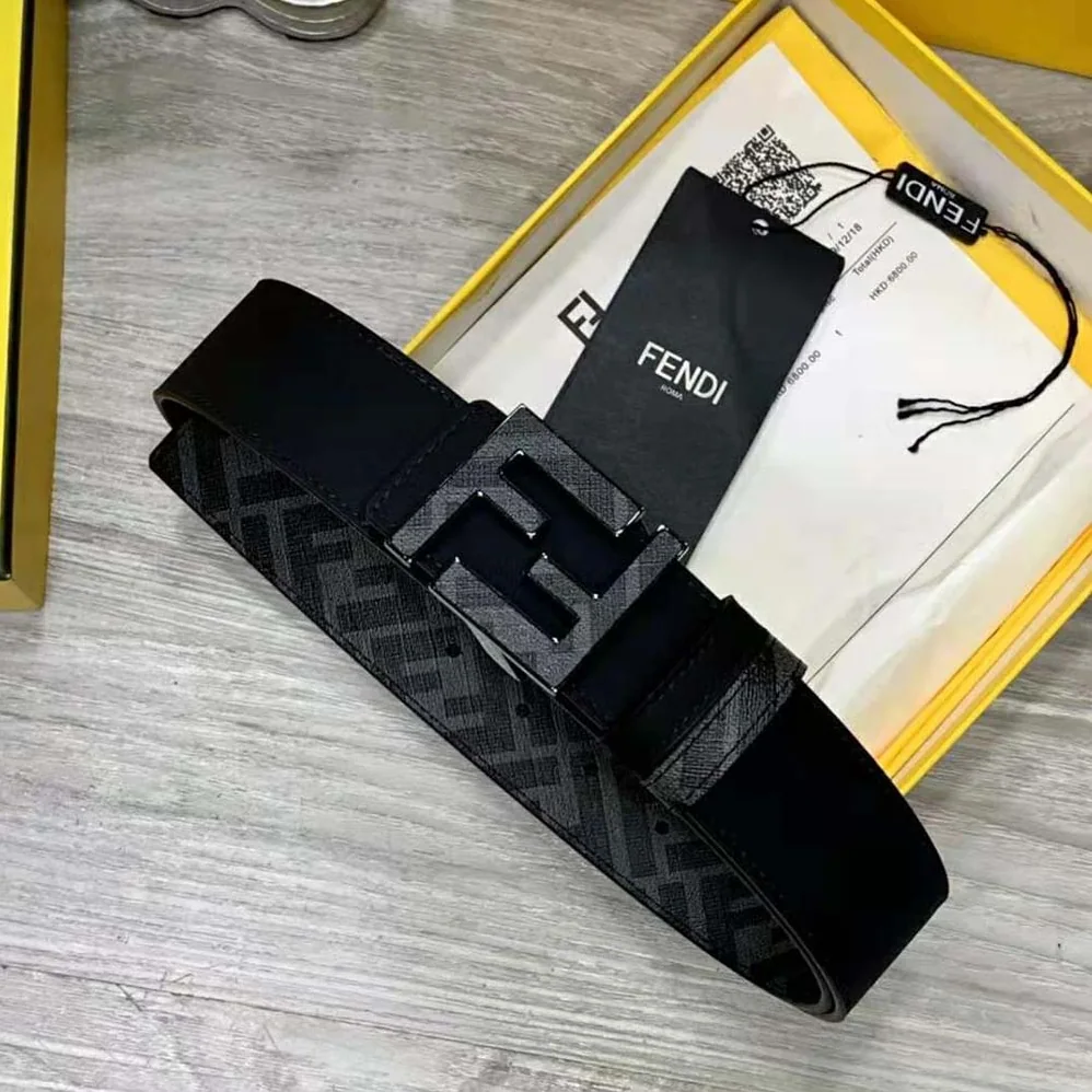 Fendi Gray Leather Belt with FF Buckle with Stud Closure for Men
