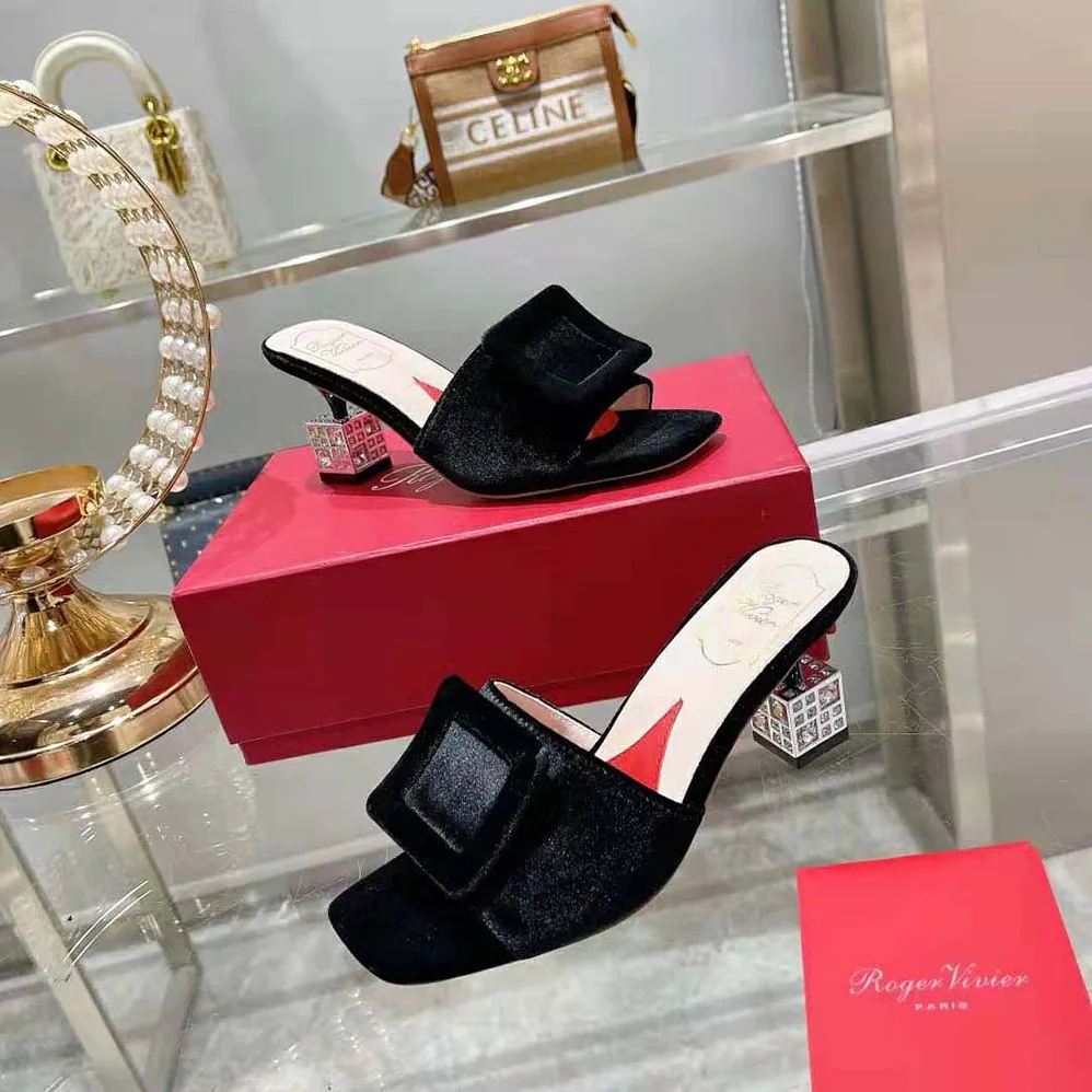 Roger Vivier Cube Strass Heel Mules in Satin for Women in Black Roger Vivier Cube Strass Heel Mules in Satin for Women in Black