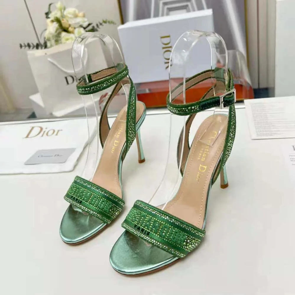 Dior Dway Heeled Slide Green Cotton Embroidered with Metallic Thread and Strass for Women Dior Dway Heeled Slide Green Cotton Embroidered with Metallic Thread and Strass for Women