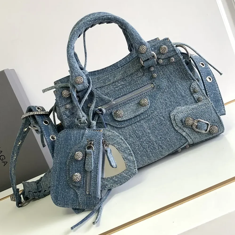 Balenciaga Neo Cagole City Handbag Denim with Rhinestones in Blue for Women Balenciaga Neo Cagole City Handbag Denim with Rhinestones in Blue for Women
