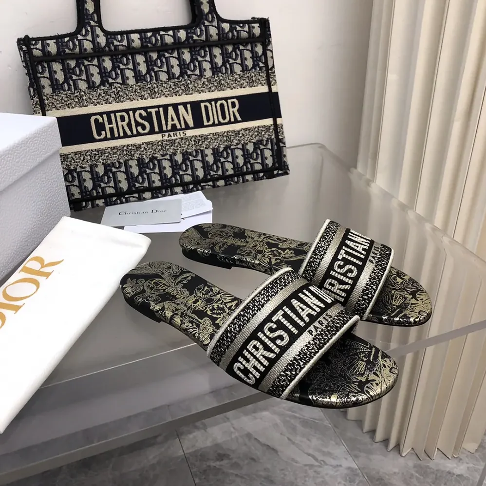 Dior Dway Slide Cotton Embroidered with Metallic Thread and Black for Women Dior Dway Slide Cotton Embroidered with Metallic Thread and Black for Women