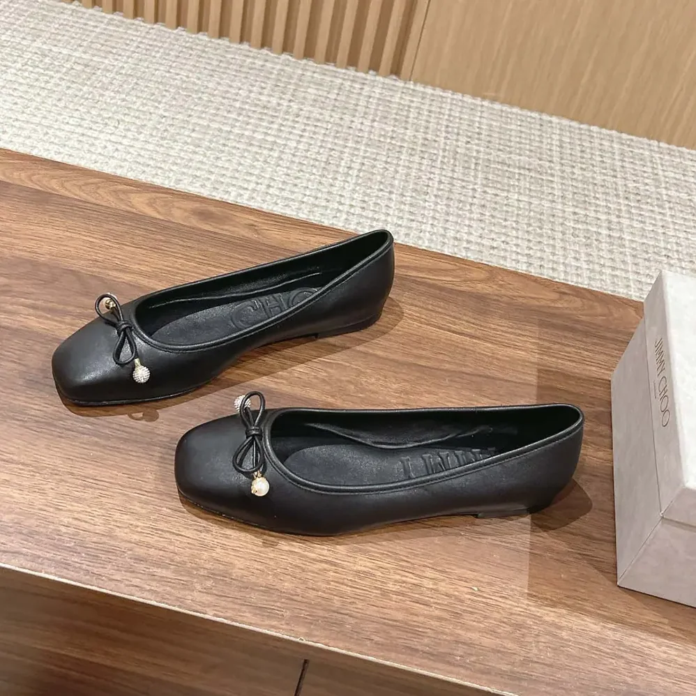 Jimmy Choo Elme Flat Black Nappa Leather Flats with Pearl Embellishment for Women Jimmy Choo Elme Flat Black Nappa Leather Flats with Pearl Embellishment for Women