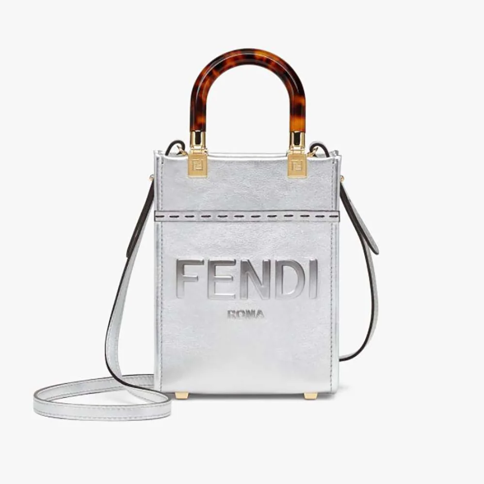Fendi Mini Sunshine Shopper Silver Laminated Leather Shopper for Women Fendi Mini Sunshine Shopper Silver Laminated Leather Shopper for Women