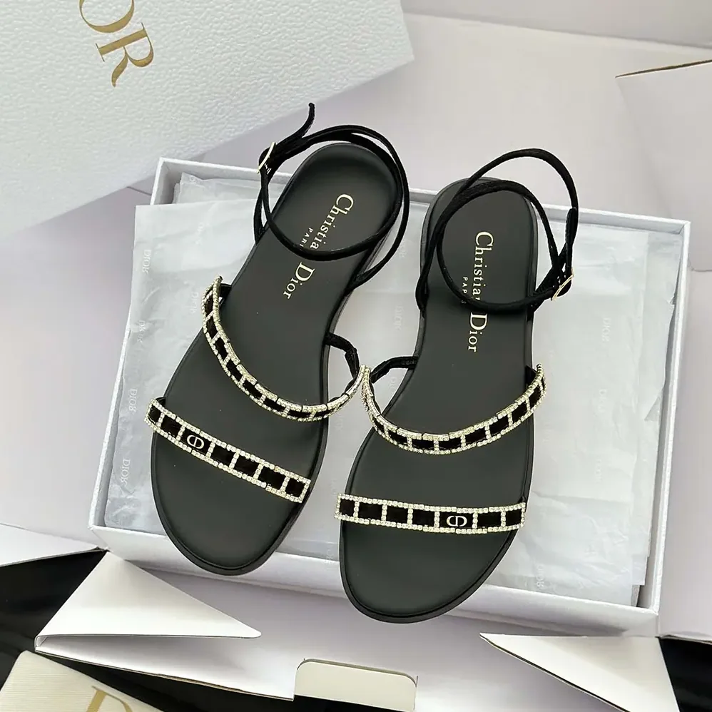 Dior Diorissime Sandal Black Suede Goatskin and Silver for Women in Tone Strass