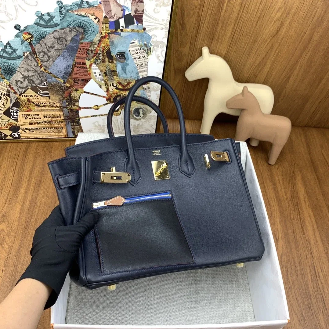 Hermes Birkin Colormatic Top Handle Bag / Navy Blue Gold Toned Hardware