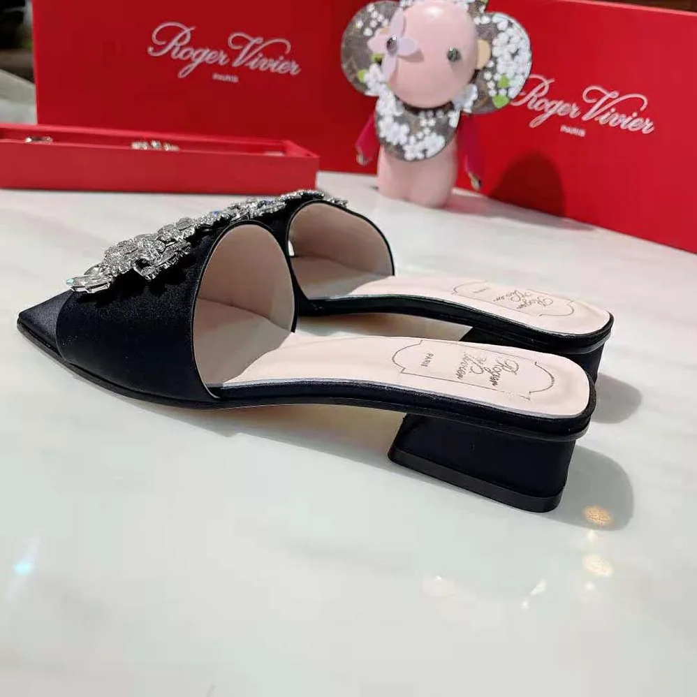 Roger Vivier RV Bouquet Strass Buckle Mules in Satin 2.5cm Heel for Women Roger Vivier RV Bouquet Strass Buckle Mules in Satin 2.5cm Heel for Women