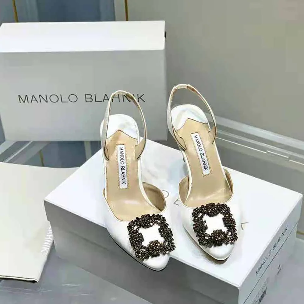 Manolo Blahnik Cream Satin Jewel Buckle Slingback Pumps for Women Manolo Blahnik Cream Satin Jewel Buckle Slingback Pumps for Women