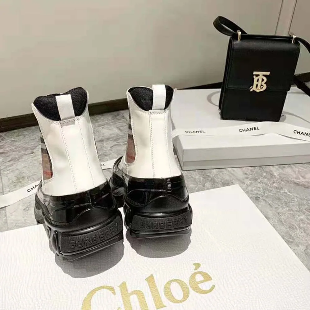 Burberry Vintage Check Detail Coated Canvas Chelsea Boots for Women in White