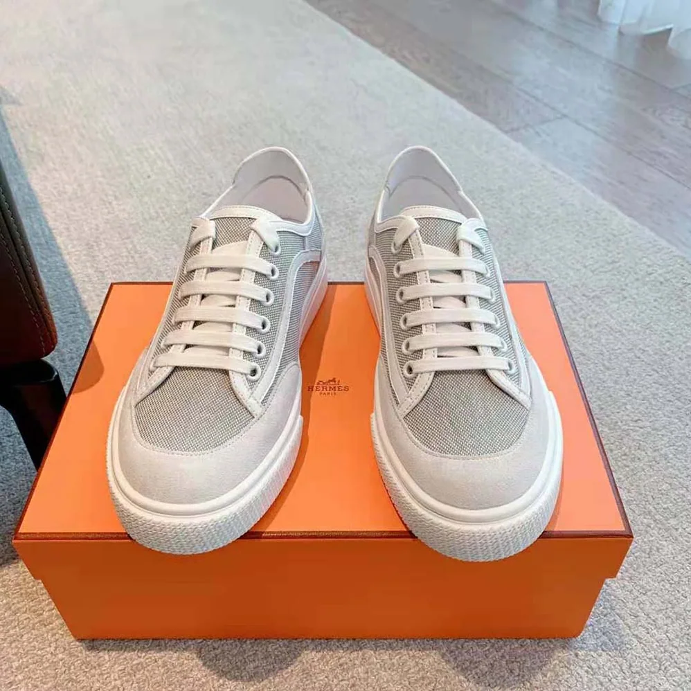 Hermes Get Sneaker in SH Canvas and Calfskin with Signature “Hermès Paris” Stencil for Unisex in Silver Hermes Get Sneaker in SH Canvas and Calfskin with Signature “Hermès Paris” Stencil for Unisex in Silver
