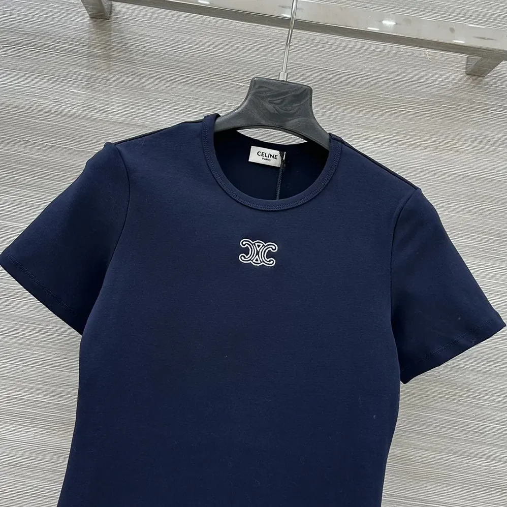 Celine Triomphe T-Shirt In Ribbed Cotton Jersey for Women in Navy