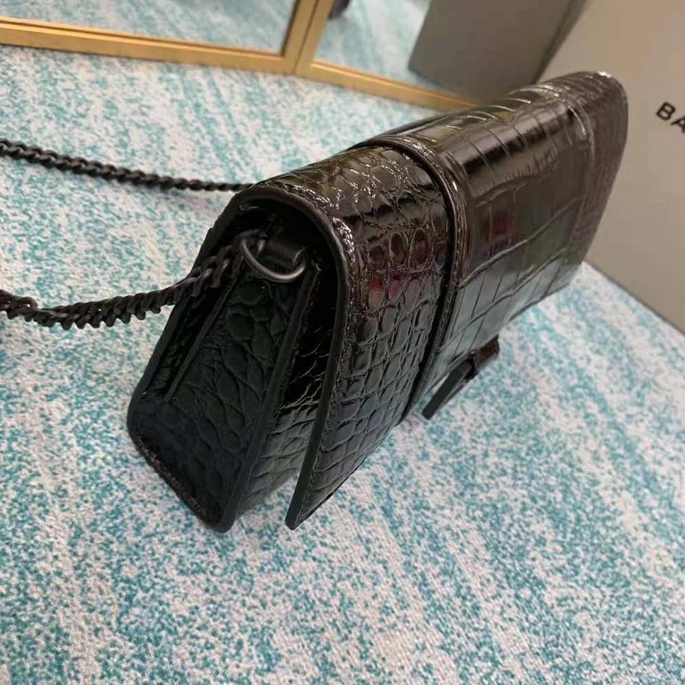 Balenciaga Hourglass Chain Bag in Black Shiny Crocodile Embossed Leather for Women Balenciaga Hourglass Chain Bag in Black Shiny Crocodile Embossed Leather for Women